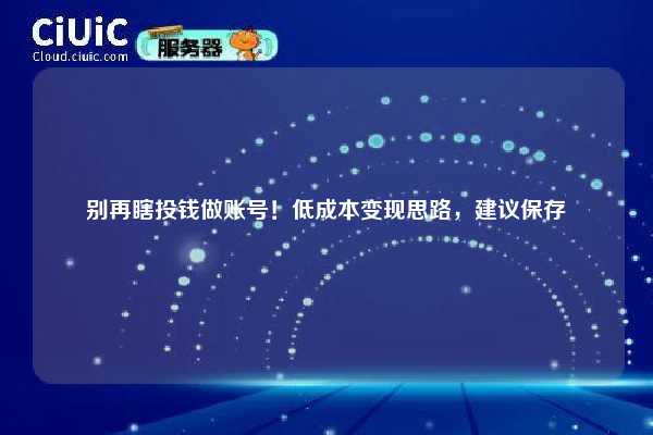 别再瞎投钱做账号！低成本变现思路，建议保存